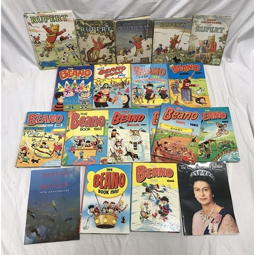 809 - Selection of children's annuals, 5 x Rupert Bear, 1950/60's, 12 Beano annuals 1982 to 1993. Battle o... 