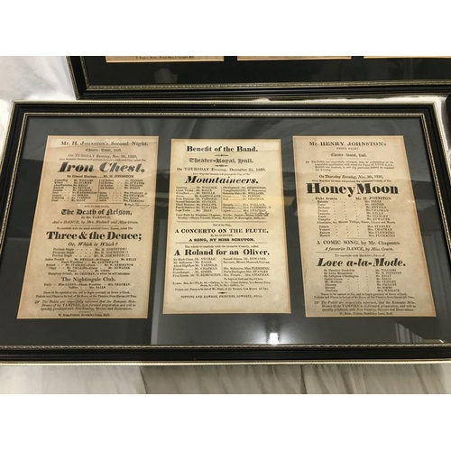 812 - Framed Theatre posters for Theatre Royal Hull, each poster measuring 13 w x 20cms h, C1820-1825 and ... 