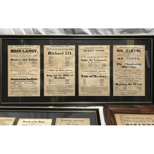 812 - Framed Theatre posters for Theatre Royal Hull, each poster measuring 13 w x 20cms h, C1820-1825 and ... 