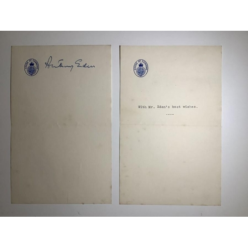 813 - 2 pieces of House of Commons headed paper, 1 typed ‘With Mr Eden’s best wishes.’ And the other Signe... 