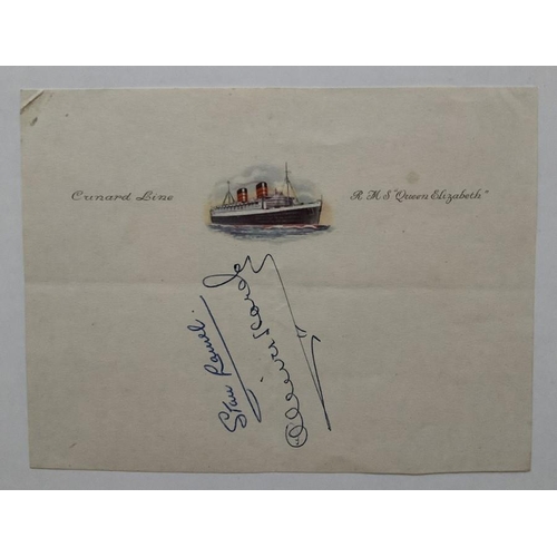 815 - An RMS Queen Elizabeth Cunard Line stationary card signed by Stan Laurel and Oliver Hardy while on b... 