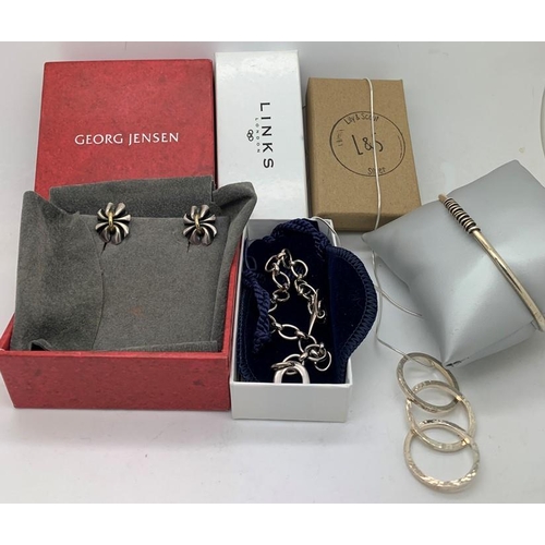 82 - Silver to include Georg Jensen clip on earrings in box, Lily and Scout silver necklace, Element bang... 