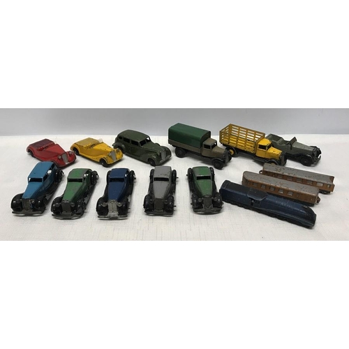 843 - Early post war Dinky diecast vehicles, series 36 x 5 a LNER Train engine with 2 carriages, pls 6 mix... 