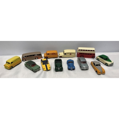 844 - Collection of 12 Dinky diecast vehicles, repainted Bus, coach, vans and cars.