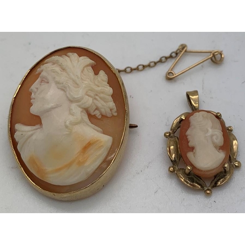 85 - A shell cameo brooch with safety chain set in 9 ct gold mounts 3 x 2.5cms approx together with shell... 