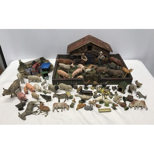 853 - Pre war composition Elastolin figures with Farm Buiding and garden pond. 43 w x 29cms, some marked E... 