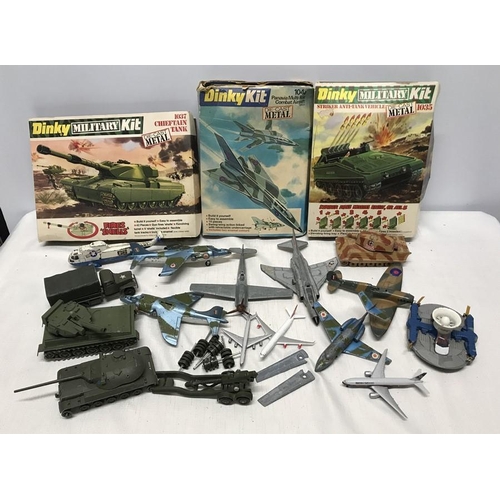 854 - Selection of playworn diecast military vehicles and aircraft together with three Dinky kits 1037 Chi... 