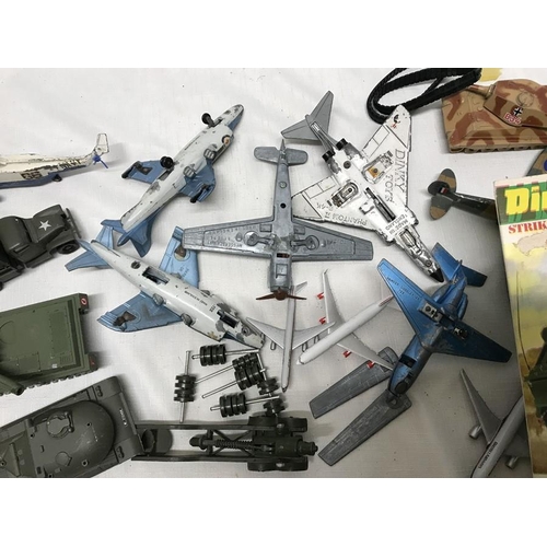 854 - Selection of playworn diecast military vehicles and aircraft together with three Dinky kits 1037 Chi... 