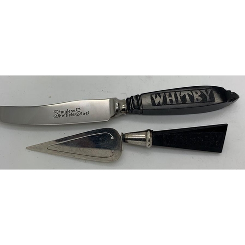 89 - Whitby jet handled bookmark with a Whitby jet handled fruit knife, 12cms l.