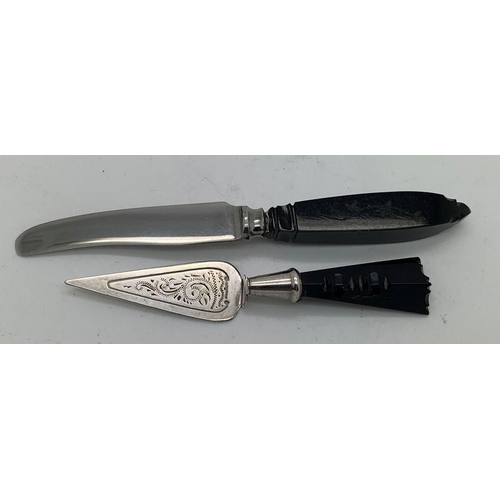 89 - Whitby jet handled bookmark with a Whitby jet handled fruit knife, 12cms l.