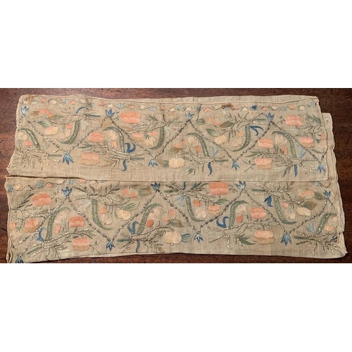 96 - Very fine, possibly 18thC hand embroidery, embroidered on each end of a long piece of fine lawn fabr... 