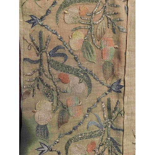 96 - Very fine, possibly 18thC hand embroidery, embroidered on each end of a long piece of fine lawn fabr... 