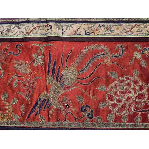 97 - Chinese silk embroidered wall hanging in silk and metallic thread. 43 x 108cms.