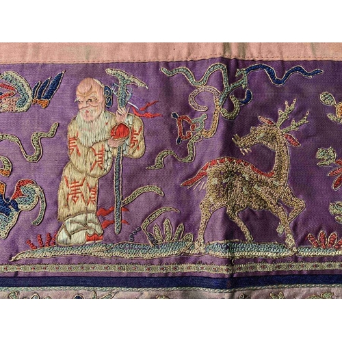 97 - Chinese silk embroidered wall hanging in silk and metallic thread. 43 x 108cms.