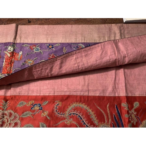 97 - Chinese silk embroidered wall hanging in silk and metallic thread. 43 x 108cms.