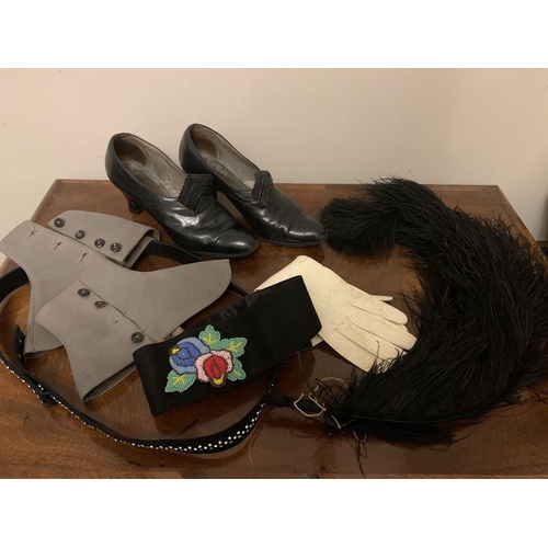 98 - Vintage costume to include black leather ladies shows, Ostrich feather, black suede belt with bead d... 