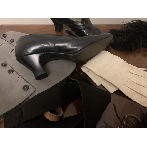 98 - Vintage costume to include black leather ladies shows, Ostrich feather, black suede belt with bead d... 