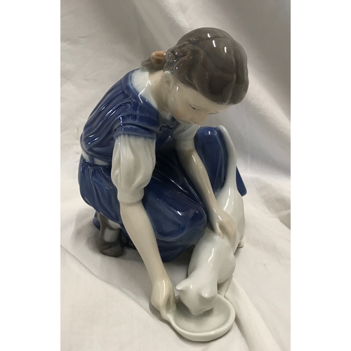 200c - Royal Copenhagen Denmark figurine, Girl feeding a white cat 14cms h x 12.5cms w x 16cms l. Model num... 