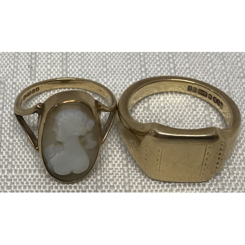 720 - A 9ct gold signet ring size O, clear cartouche and a ladies 9ct gold cameo ring size K together weig... 