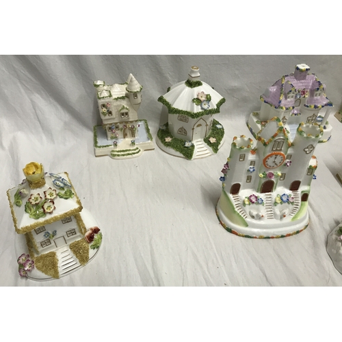 280E - Collection of 8 Coalport Cottages and a Coalport Duck pond, Summer House 11cms h, Clock Tower 13cms ... 