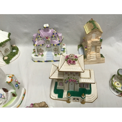 280E - Collection of 8 Coalport Cottages and a Coalport Duck pond, Summer House 11cms h, Clock Tower 13cms ... 