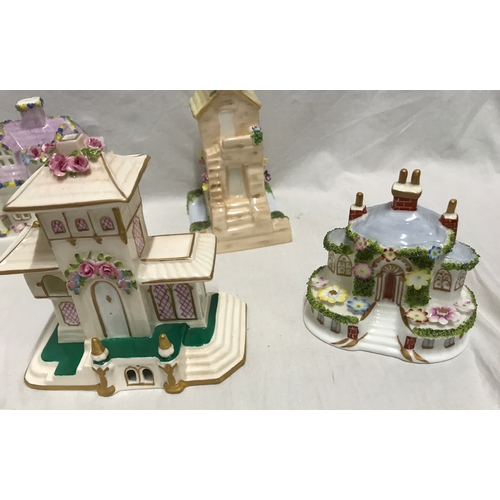 280E - Collection of 8 Coalport Cottages and a Coalport Duck pond, Summer House 11cms h, Clock Tower 13cms ... 