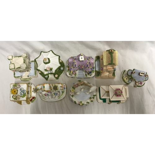 280E - Collection of 8 Coalport Cottages and a Coalport Duck pond, Summer House 11cms h, Clock Tower 13cms ... 