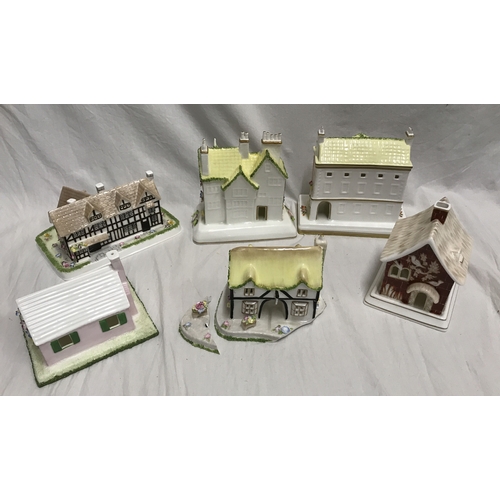 280F - Six Coalport pottery houses, The Mansion House York 15cms h, Mulberry Hall 14.5cms h, Shakespears Bi... 