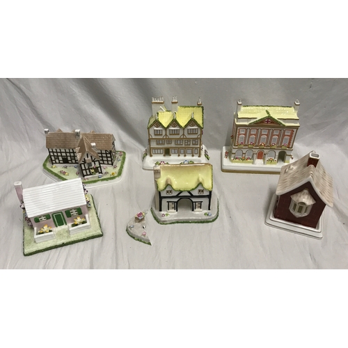 280F - Six Coalport pottery houses, The Mansion House York 15cms h, Mulberry Hall 14.5cms h, Shakespears Bi... 