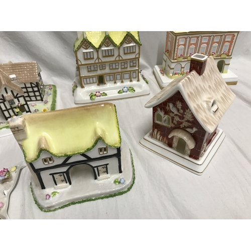 280F - Six Coalport pottery houses, The Mansion House York 15cms h, Mulberry Hall 14.5cms h, Shakespears Bi... 