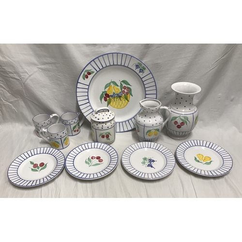 280G - Modern Italian hand painted pottery kitchen ware, fruit decoration, three mugs, large charger 39cms ... 