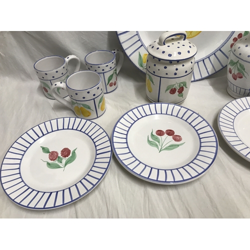 280G - Modern Italian hand painted pottery kitchen ware, fruit decoration, three mugs, large charger 39cms ... 