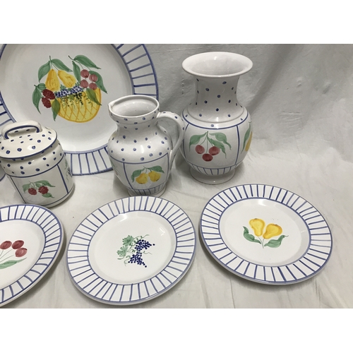 280G - Modern Italian hand painted pottery kitchen ware, fruit decoration, three mugs, large charger 39cms ... 