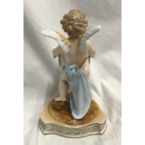 255A - Sitzendorf porcelain cherub carrying a floral painted egg, 18cms h, base width 11cms.