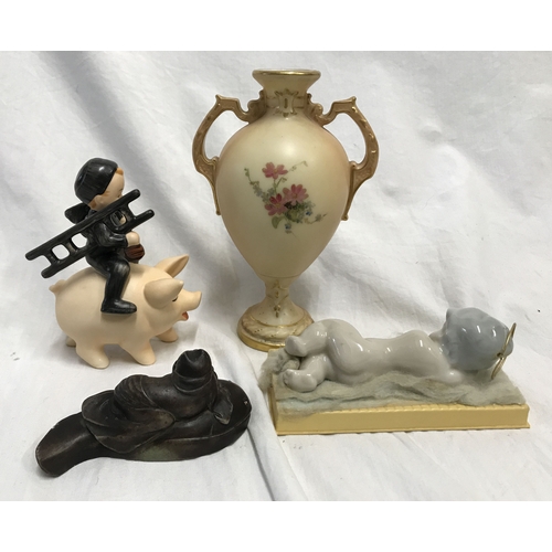 255E - Royal Worcester small painted vase 14cms h, Goebel figure, boy riding a pig 10.5cms h, Lladro small ... 