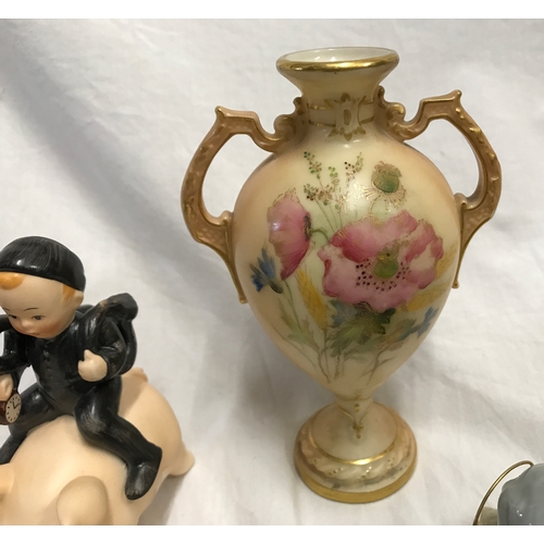 255E - Royal Worcester small painted vase 14cms h, Goebel figure, boy riding a pig 10.5cms h, Lladro small ... 