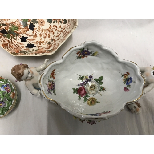 255F - Mixed pottery lot, Capodimonte pottery basket with cherub supports 13 h x 29cms w, Royal Cauldon bow... 