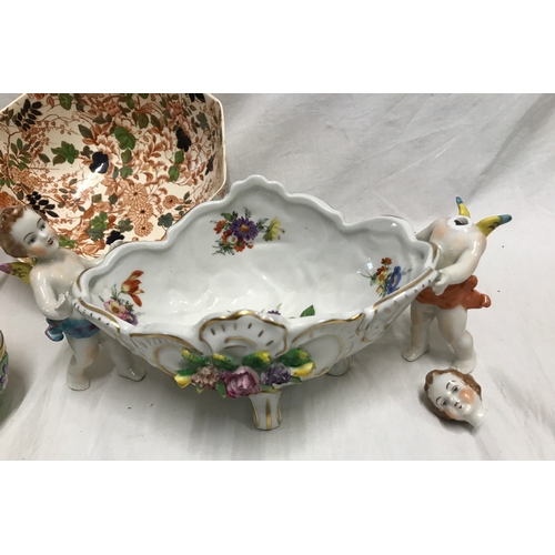 255F - Mixed pottery lot, Capodimonte pottery basket with cherub supports 13 h x 29cms w, Royal Cauldon bow... 