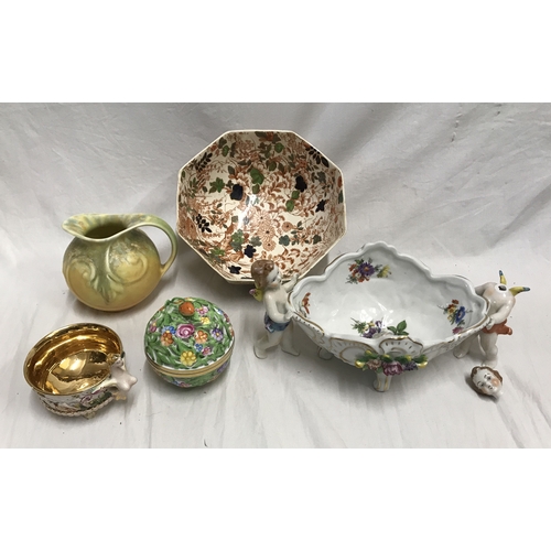 255F - Mixed pottery lot, Capodimonte pottery basket with cherub supports 13 h x 29cms w, Royal Cauldon bow... 