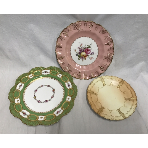 255G - Three decorative plates, Royal Crown Derby Vine pattern, pink and gilt border with floral panel 22cm... 