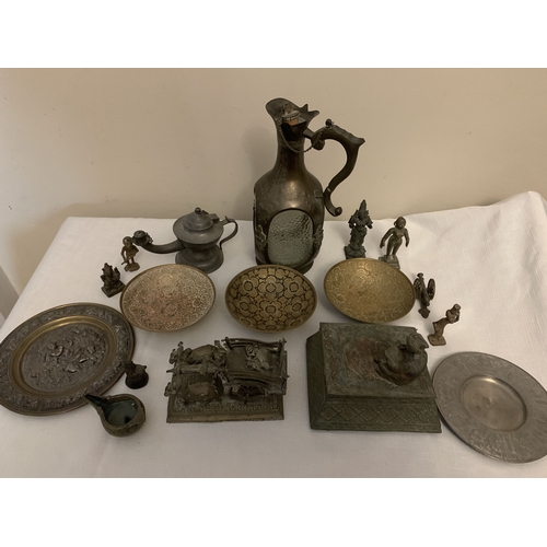 1173 - Miscellaneous oriental metal ware included lidded box (hinge a/f) lamp, plates. dishes, decanter etc... 