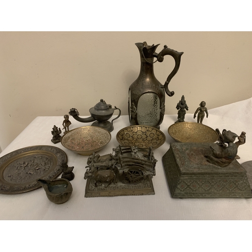 1173 - Miscellaneous oriental metal ware included lidded box (hinge a/f) lamp, plates. dishes, decanter etc... 