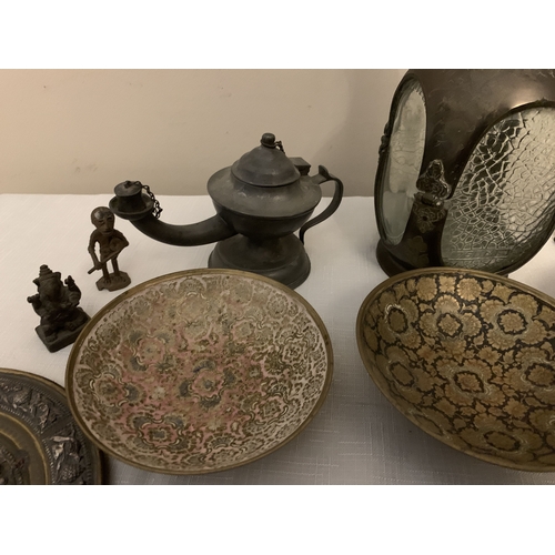 1173 - Miscellaneous oriental metal ware included lidded box (hinge a/f) lamp, plates. dishes, decanter etc... 