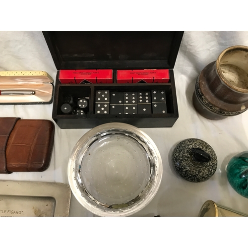 1192 - Mixed lot, ebony steel inlaid games box, dominoes and playing cards, bubble glass ashtray 15cms w, t... 