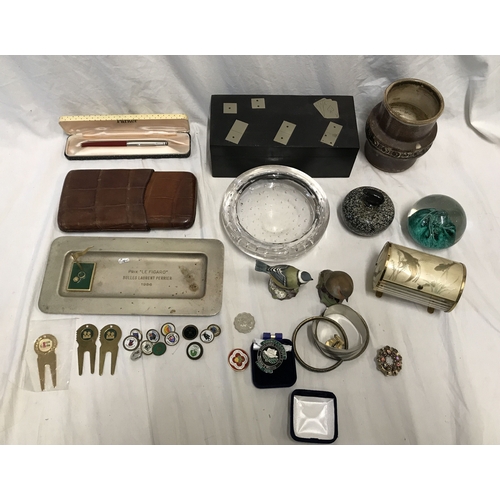 1192 - Mixed lot, ebony steel inlaid games box, dominoes and playing cards, bubble glass ashtray 15cms w, t... 