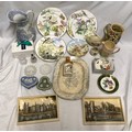 Pottery and glassware selection. Osborne plaques, Caverswall decorative plates, blue and white jug a... 