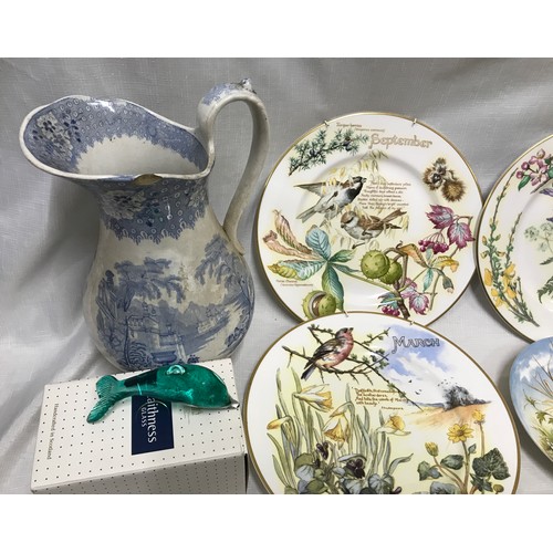 2 - Pottery and glassware selection. Osborne plaques, Caverswall decorative plates, blue and white jug a... 