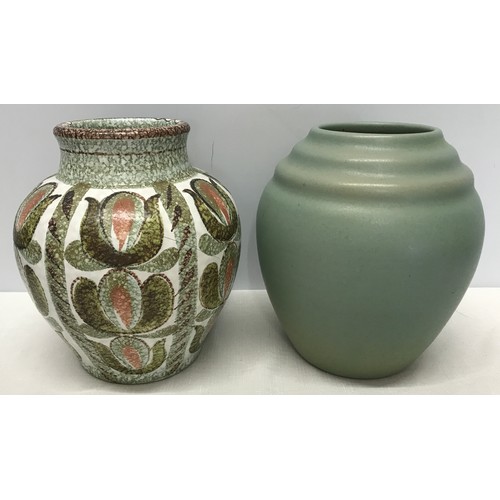 10 - Denby stoneware Glyn Colledge design vase a/f. 23cm H and another green glaze stoneware vase 22cm H.