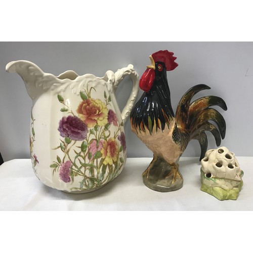 20 - Mixed lot of Clarice Cliff Bizarre posy vase 10.5cm h. Babbacombe pottery cockerel 30cm h and a larg... 