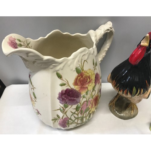 20 - Mixed lot of Clarice Cliff Bizarre posy vase 10.5cm h. Babbacombe pottery cockerel 30cm h and a larg... 